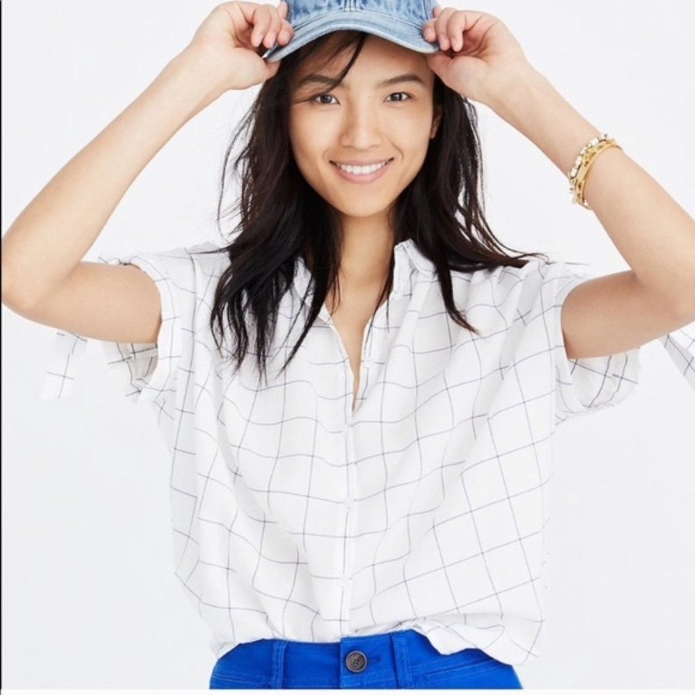 Madewell Shirt Sz xs Tie Sleeve White blue windowpane Button up Coastal Feminine